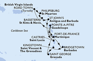 Martinik, Guadeloupe, Svatá Lucie, Barbados, Svatý Vincenc a Grenadiny, Grenada, Britské Panenské ostrovy, Svatý Martin, Svatý Kryštof a Nevis, Antigua a Barbuda z Fort-de-France, Martinik na lodi MSC Virtuosa