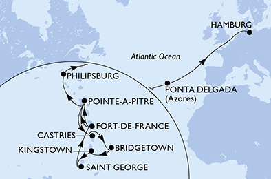 Martinik, Guadeloupe, Svatá Lucie, Barbados, Svatý Vincenc a Grenadiny, Grenada, Svatý Martin, Portugalsko, Německo z Fort-de-France na lodi MSC Virtuosa