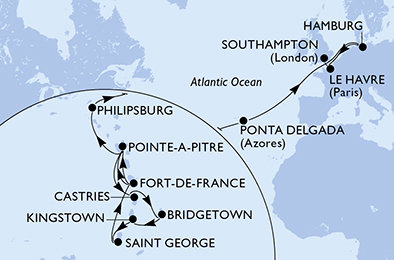 Martinik, Guadeloupe, Svatá Lucie, Barbados, Svatý Vincenc a Grenadiny, Grenada, Svatý Martin, Portugalsko, Německo, Francie, Velká Británie z Fort-de-France na lodi MSC Virtuosa