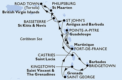 Martinik, Guadeloupe, Britské Panenské ostrovy, Svatý Martin, Svatý Kryštof a Nevis, Antigua a Barbuda, Svatá Lucie, Barbados, Svatý Vincenc a Grenadiny, Grenada z Fort-de-France, Martinik na lodi MSC Virtuosa
