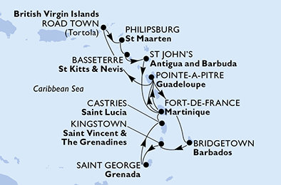 Martinik, Guadeloupe, Britské Panenské ostrovy, Svatý Martin, Svatý Kryštof a Nevis, Antigua a Barbuda, Barbados, Svatý Vincenc a Grenadiny, Grenada, Svatá Lucie z Fort-de-France, Martinik na lodi MSC Virtuosa