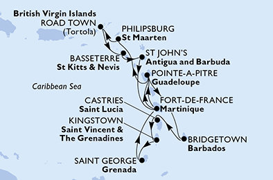 Martinik, Guadeloupe, Barbados, Svatá Lucie, Svatý Vincenc a Grenadiny, Grenada, Svatý Martin, Britské Panenské ostrovy, Svatý Kryštof a Nevis, Antigua a Barbuda z Fort-de-France, Martinik na lodi MSC Virtuosa