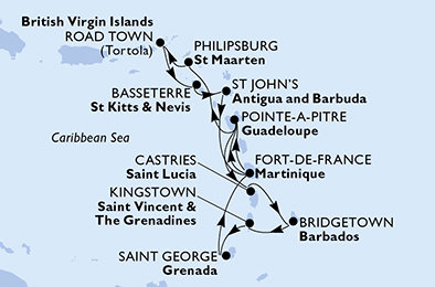 Martinik, Guadeloupe, Svatý Martin, Britské Panenské ostrovy, Svatý Kryštof a Nevis, Antigua a Barbuda, Svatá Lucie, Barbados, Svatý Vincenc a Grenadiny, Grenada z Fort-de-France, Martinik na lodi MSC Virtuosa