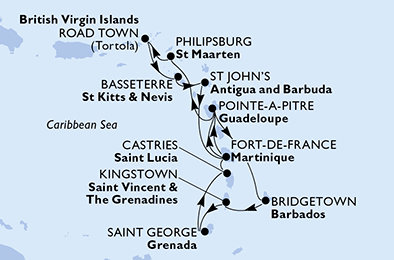 Martinik, Guadeloupe, Barbados, Svatý Vincenc a Grenadiny, Grenada, Svatá Lucie, Svatý Martin, Britské Panenské ostrovy, Svatý Kryštof a Nevis, Antigua a Barbuda z Fort-de-France, Martinik na lodi MSC Virtuosa