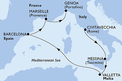 Itálie, Sicílie, Malta, Španělsko, Francie z Civitavecchia na lodi MSC World Europa