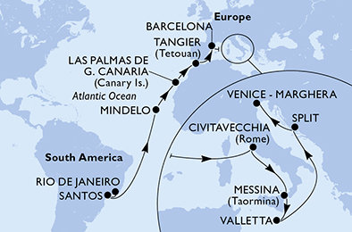 Brazílie, Kapverdy, Španělsko, Maroko, Itálie, Malta, Chorvatsko z Rio de Janeira na lodi MSC Armonia