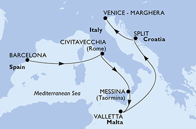 Španělsko, Itálie, Sicílie, Malta, Chorvatsko z Barcelony na lodi MSC Armonia