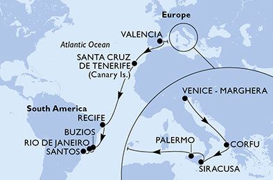 Itálie, Řecko, Španělsko, Brazílie na lodi MSC Lirica