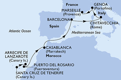 Španělsko, Maroko, Itálie, Francie z Tenerife na lodi MSC Musica