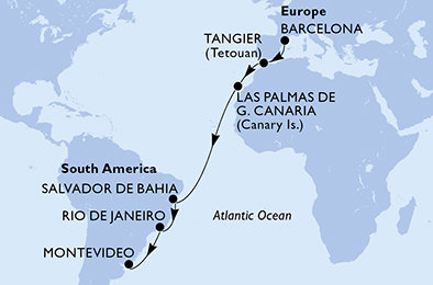 Španělsko, Maroko, Brazílie, Uruguay z Barcelony na lodi MSC Fantasia