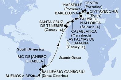 Argentina, Brazílie, Španělsko, Maroko, Francie, Itálie z Buenos Aires na lodi MSC Fantasia