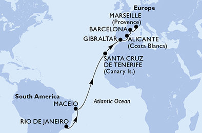 Brazílie, Tenerife, Velká Británie, Španělsko, Francie z Rio de Janeira na lodi MSC Seaview