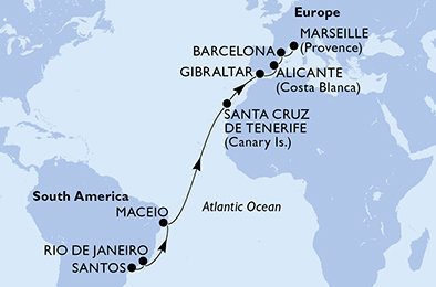 Brazílie, Španělsko, Velká Británie, Francie ze Santosu na lodi MSC Seaview