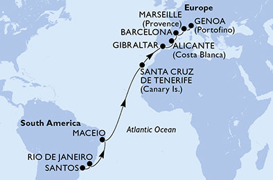 Brazílie, Španělsko, Velká Británie, Francie, Itálie ze Santosu na lodi MSC Seaview