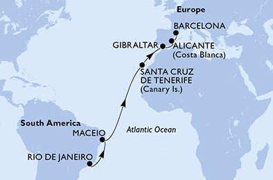 Brazílie, Španělsko, Velká Británie z Rio de Janeira na lodi MSC Seaview