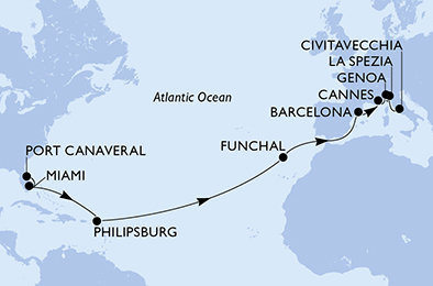 USA, Svatý Martin, Portugalsko, Španělsko, Francie, Itálie z Port Canaveralu na lodi MSC Grandiosa