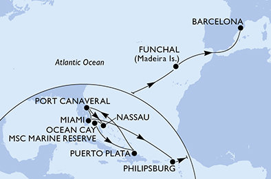USA, Bahamy, Dominikánská republika, Svatý Martin, Portugalsko, Španělsko z Port Canaveralu na lodi MSC Grandiosa