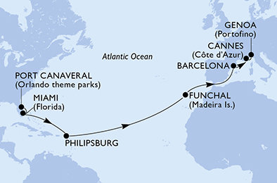 USA, Svatý Martin, Portugalsko, Španělsko, Francie, Itálie z Port Canaveralu na lodi MSC Grandiosa