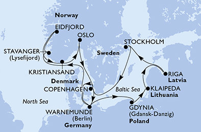 Německo, Polsko, Litva, Lotyšsko, Švédsko, Dánsko, Norsko z Warnemünde na lodi MSC Magnifica