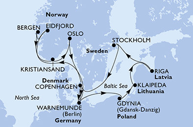 Německo, Norsko, Dánsko, Polsko, Litva, Lotyšsko, Švédsko z Warnemünde na lodi MSC Magnifica