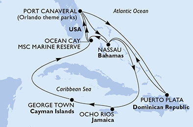 USA, Bahamy, Jamajka, Kajmanské ostrovy, Dominikánská republika z Port Canaveralu na lodi MSC Seashore