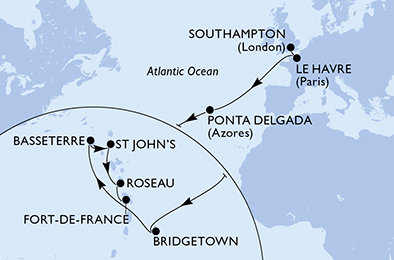 Velká Británie, Francie, Portugalsko, Barbados, Svatý Kryštof a Nevis, Antigua a Barbuda, Dominika, Martinik ze Southamptonu na lodi MSC Virtuosa