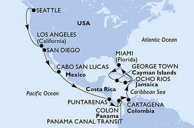 USA, Mexiko, Kostarika, Panama, Kolumbie, Kajmanské ostrovy, Jamajka ze Seattlu na lodi MSC Poesia