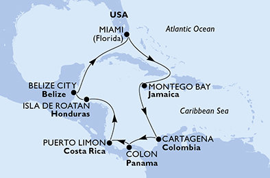 USA, Jamajka, Kolumbie, Panama, Kostarika, Honduras, Belize z Miami na lodi MSC Poesia