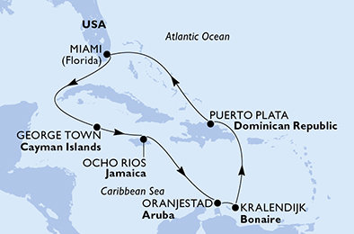 USA, Kajmanské ostrovy, Jamajka, Aruba, Bonaire, Dominikánská republika z Miami na lodi MSC Poesia