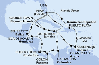 USA, Kajmanské ostrovy, Jamajka, Aruba, Bonaire, Dominikánská republika, Kolumbie, Panama, Kostarika, Honduras, Belize z Miami na lodi MSC Poesia