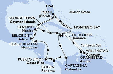 USA, Jamajka, Kolumbie, Panama, Kostarika, Honduras, Belize, Curacao, Aruba, Kajmanské ostrovy, Mexiko z Miami na lodi MSC Poesia