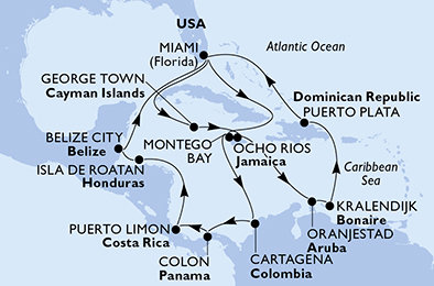 USA, Jamajka, Kolumbie, Panama, Kostarika, Honduras, Belize, Kajmanské ostrovy, Aruba, Bonaire, Dominikánská republika z Miami na lodi MSC Poesia