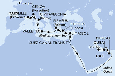 Francie, Itálie, Malta, Řecko, Kypr, Egypt, Omán, Katar, Spojené arabské emiráty z Marseille na lodi MSC World Europa