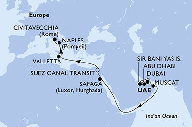 Spojené arabské emiráty, Omán, Egypt, Malta, Itálie z Dubaje na lodi MSC World Europa