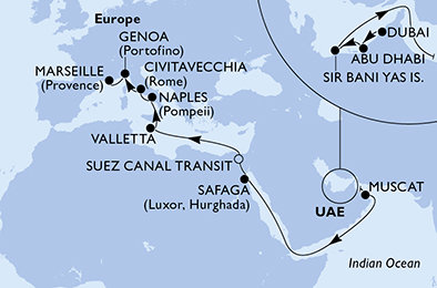 Spojené arabské emiráty, Omán, Egypt, Malta, Itálie, Francie z Dubaje na lodi MSC World Europa
