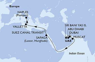 Spojené arabské emiráty, Omán, Egypt, Malta, Itálie z Dubaje na lodi MSC World Europa