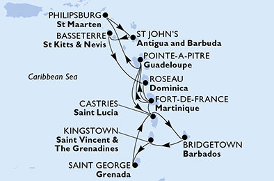Barbados, Svatý Vincenc a Grenadiny, Grenada, Svatá Lucie, Martinik, Guadeloupe, Svatý Martin, Antigua a Barbuda, Svatý Kryštof a Nevis, Dominika z Bridgetownu na lodi MSC Seaview