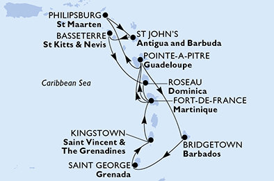 Barbados, Grenada, Svatý Vincenc a Grenadiny, Martinik, Guadeloupe, Svatý Martin, Antigua a Barbuda, Svatý Kryštof a Nevis, Dominika z Bridgetownu na lodi MSC Seaview