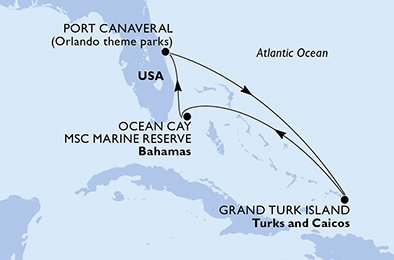 USA, Zámořské území Velké Británie, Bahamy z Port Canaveralu na lodi MSC Seashore