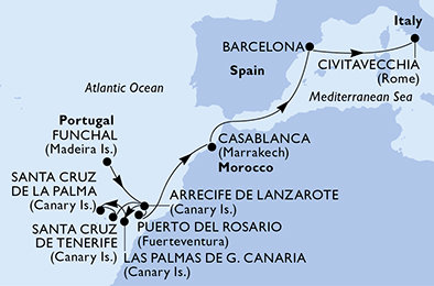 Portugalsko, Španělsko, Maroko, Itálie z Funchalu na lodi MSC Fantasia