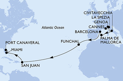 Francie, Itálie, Španělsko, Portugalsko, USA z Cannes na lodi MSC Grandiosa