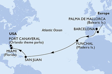 Španělsko, Portugalsko, USA z Palma de Mallorca na lodi MSC Grandiosa