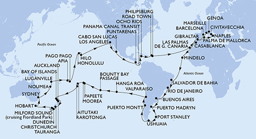 Itálie, Francie, Španělsko, Velká Británie, Maroko, Kapverdy, Brazílie, Argentina, Zámořské území Velké Británie, Chile, Francouzská Polynésie, Cookovy ostrovy, Nový Zéland, Austrálie, Nová Kaledonie, Vanuatská republika, Samoa, Americká Samoa, USA, Mexiko, Kostarika, Panama, Jamajka, Britské Panenské ostrovy, Svatý Martin z Janova na lodi MSC Magnifica
