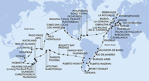 Itálie, Francie, Španělsko, Velká Británie, Maroko, Kapverdy, Brazílie, Argentina, Zámořské území Velké Británie, Chile, Francouzská Polynésie, Cookovy ostrovy, Nový Zéland, Austrálie, Nová Kaledonie, Vanuatská republika, Samoa, Americká Samoa, USA, Mexiko, Kostarika, Panama, Jamajka, Britské Panenské ostrovy, Svatý Martin, Belgie, Německo z Janova na lodi MSC Magnifica