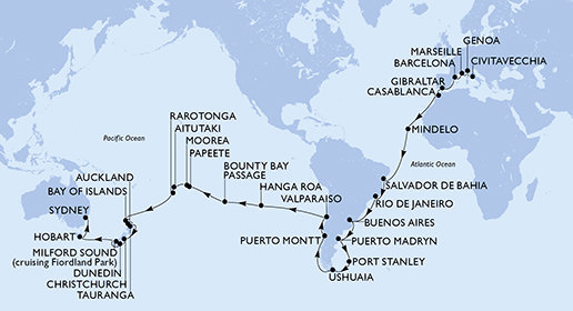 Itálie, Francie, Španělsko, Velká Británie, Maroko, Kapverdy, Brazílie, Argentina, Zámořské území Velké Británie, Chile, Francouzská Polynésie, Cookovy ostrovy, Nový Zéland, Austrálie z Civitavecchia na lodi MSC Magnifica