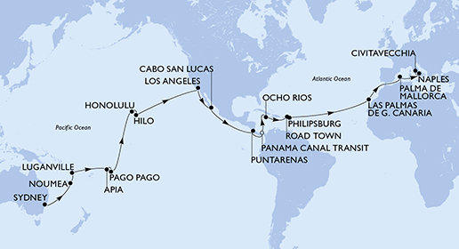 Austrálie, Nová Kaledonie, Vanuatská republika, Samoa, Americká Samoa, USA, Mexiko, Kostarika, Panama, Jamajka, Britské Panenské ostrovy, Svatý Martin, Španělsko, Itálie ze Sydney na lodi MSC Magnifica