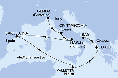 Itálie, Španělsko, Malta, Řecko z Janova na lodi MSC Fantasia