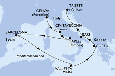 Itálie, Španělsko, Malta, Řecko z Janova na lodi MSC Fantasia