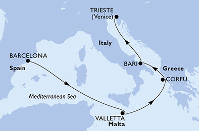 Španělsko, Malta, Řecko, Itálie z Barcelony na lodi MSC Fantasia