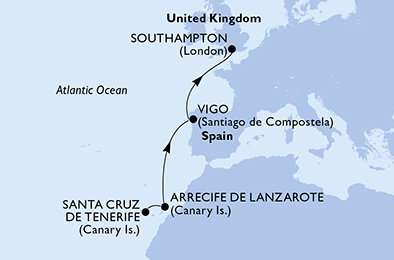Španělsko, Velká Británie z Tenerife na lodi MSC Virtuosa